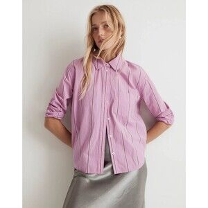 Madewell Women's Signature Poplin Oversized Boyshirt Stripe Relaxed Pink Size S